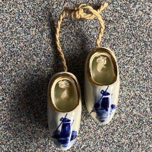 Vintage Miniature 1.25" Ceramic Dutch Clogs Blue Windmill with Gold Trim